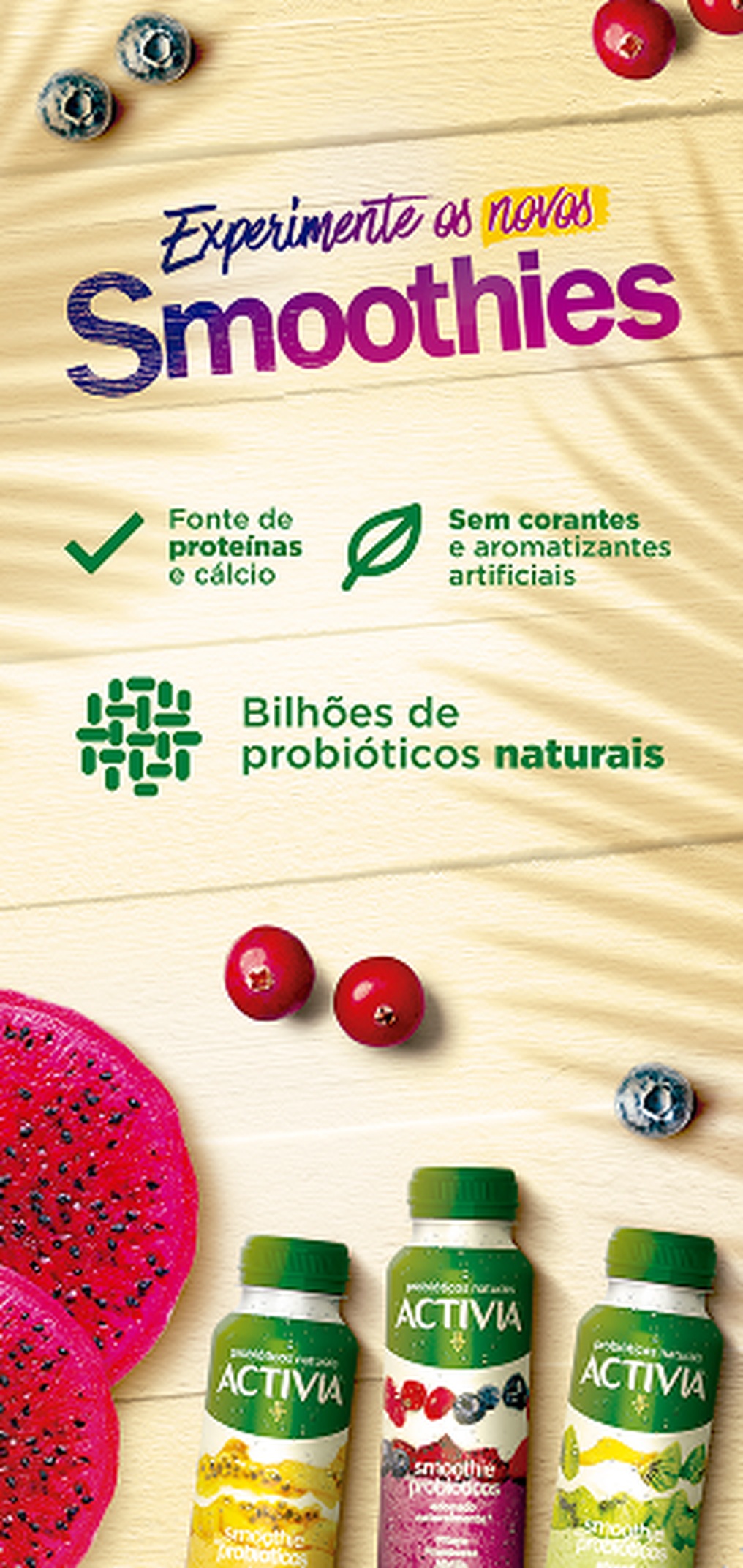 Arte prisma Smoothies Activia com benefícios do produto