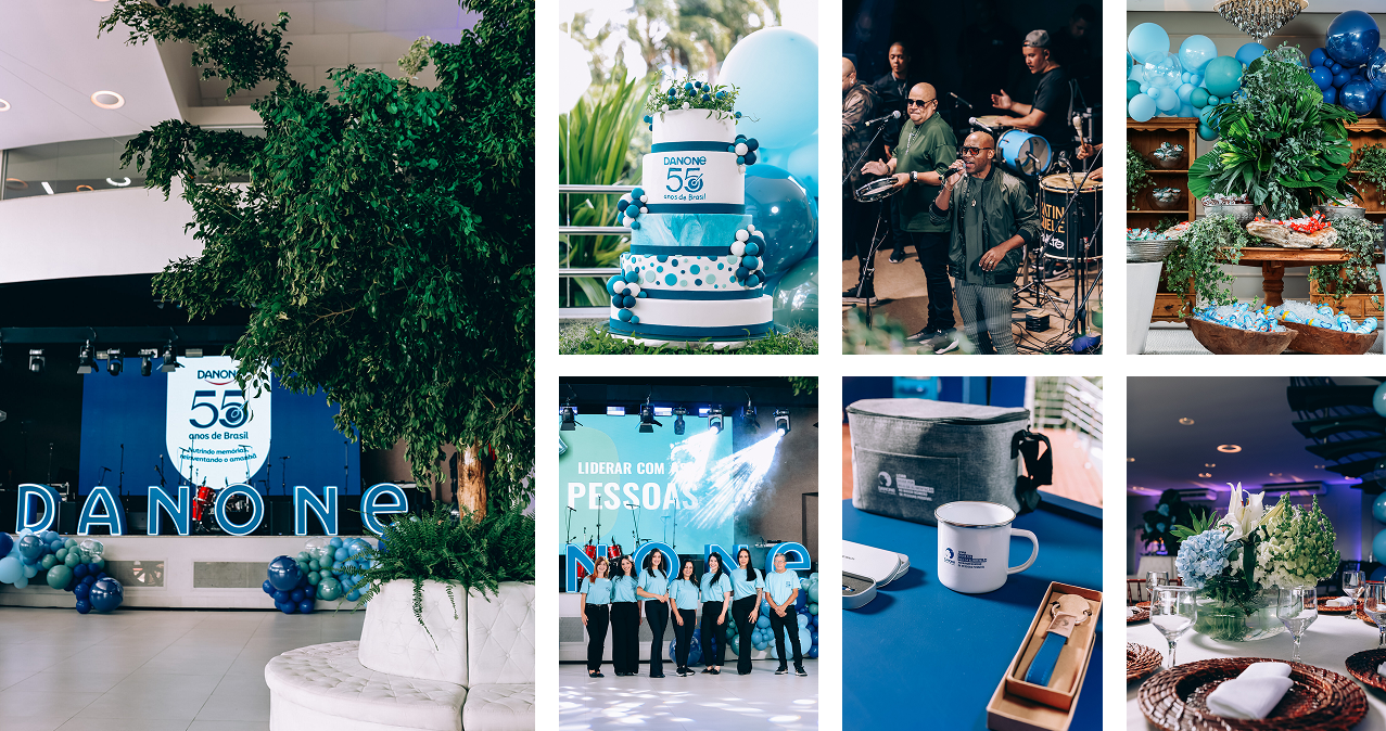 Momentos do evento Danone 55 anos: cenografia, bolo comemorativo, show, buffet e brindes