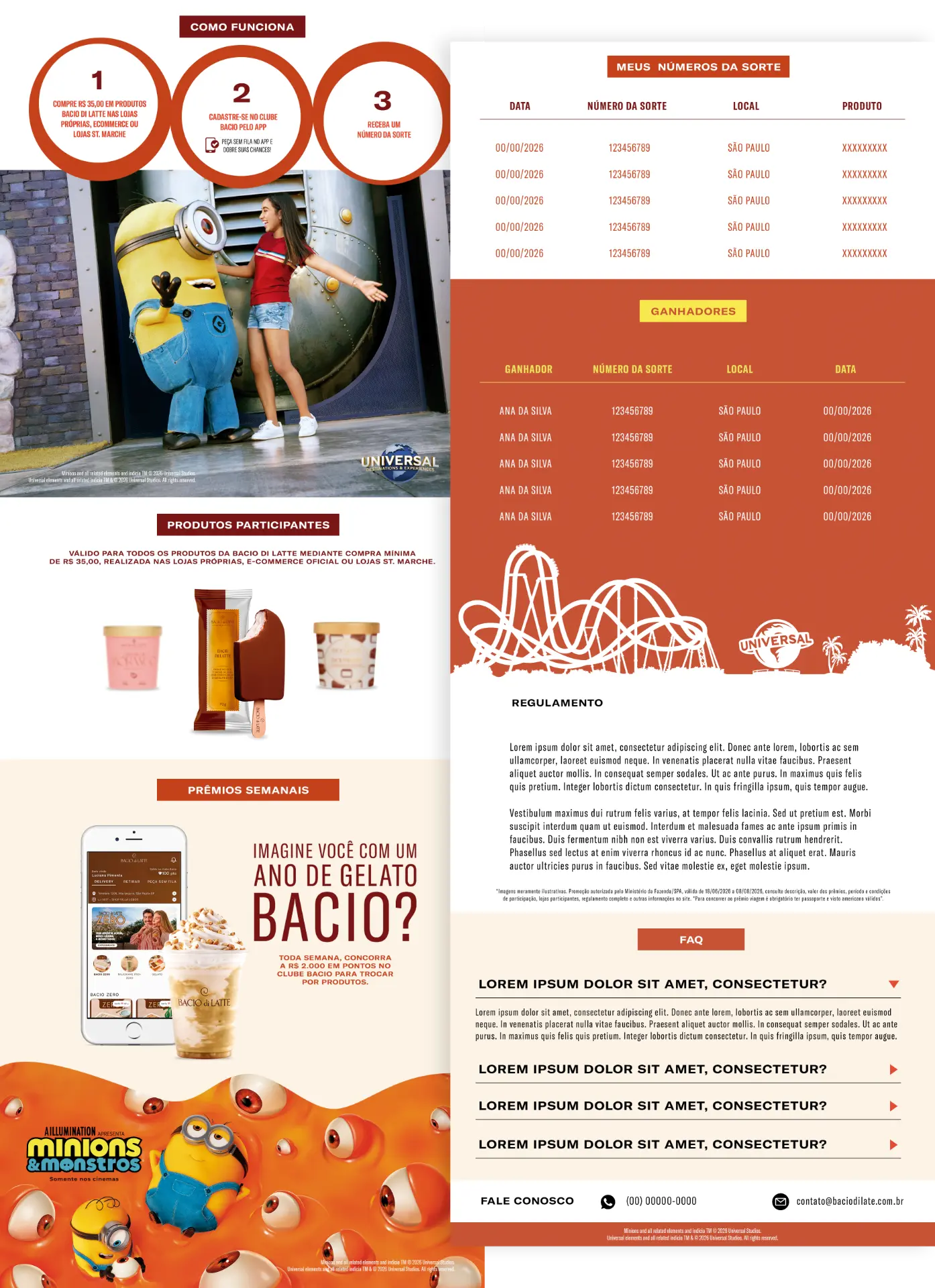 Blocos da landing page: como funciona, produtos participantes, prêmios semanais, meus números da sorte, ganhadores, regulamento e FAQ
