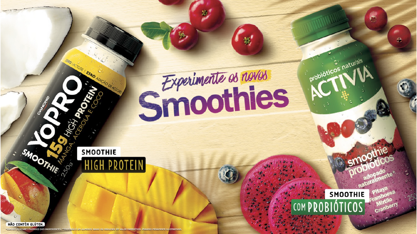 Key visual dos novos smoothies YoPRO High Protein e Activia com probióticos