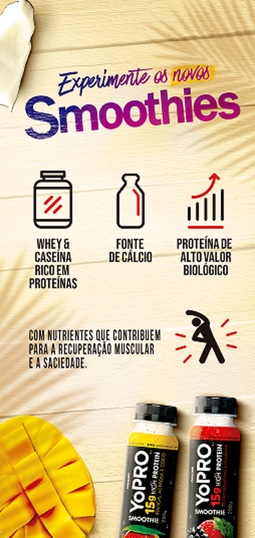 Arte prisma Smoothies YoPRO com benefícios de proteína