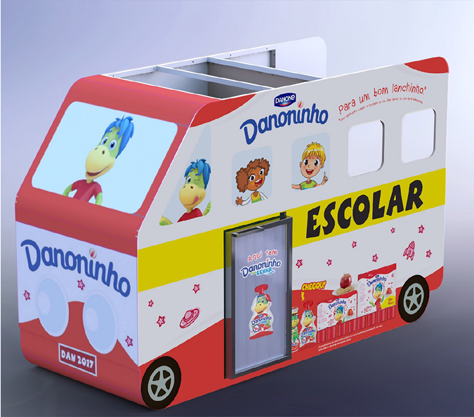 Ilha promocional Danoninho em formato de ônibus escolar
