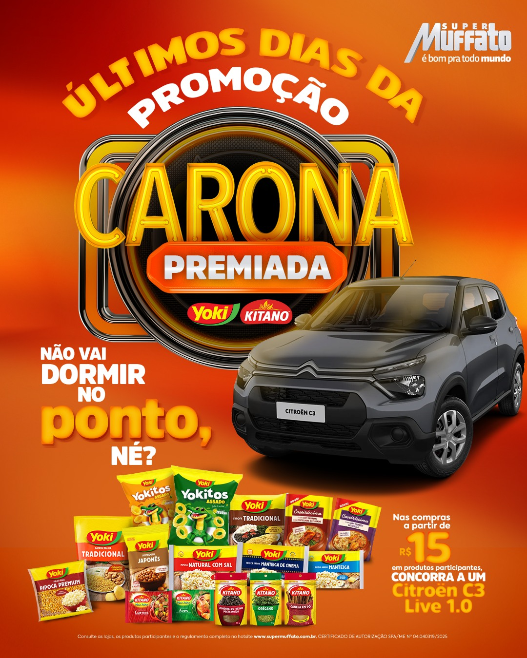Peça da campanha Carona Premiada com o Citroën C3 e os produtos participantes Yoki e Kitano