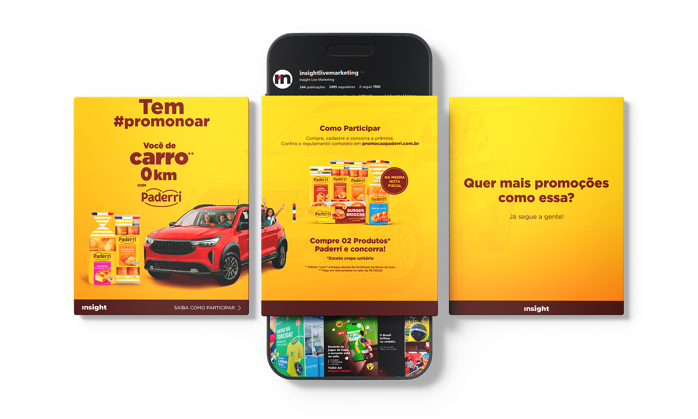 Peças da campanha Paderrí para redes sociais em um celular