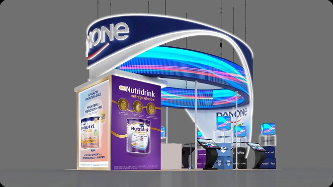 Projeto 3D do estande Danone — vista 3