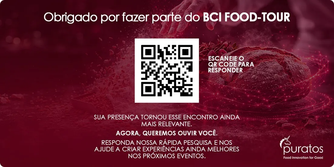 Obrigado por fazer parte do BCi FOOD-TOUR — escaneie o QR code para responder a pesquisa
